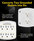 Heavy Duty Six Outlet Wall Tap Adapter With Three Prong Grounded Power Splitter and Soft Led Night Light Cover For Home Office Dorm Rooms, showing outlet configuration.