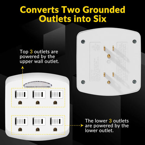 Heavy Duty Six Outlet Wall Tap Adapter With Three Prong Grounded Power Splitter and Soft Led Night Light Cover For Home Office Dorm Rooms, showing outlet configuration.