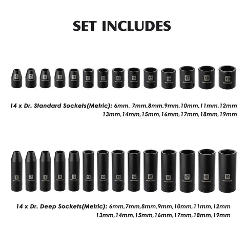 Three Eighths Inch Drive Impact Socket Set, 87 Piece Deep And Standard SAE And Metric, CRMO Steel, metric size sockets shown.