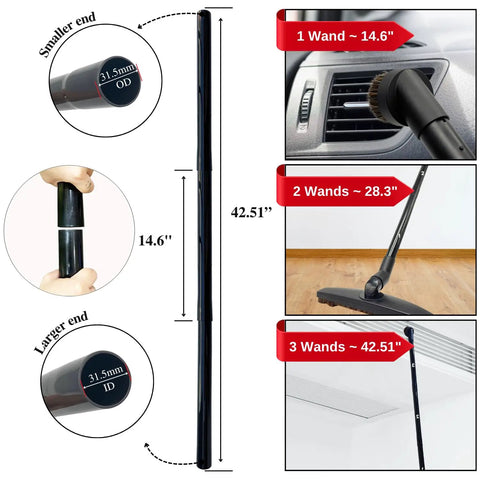 All In One Vacuum Attachment Kit With Horsehair Hardwood Floor Brush, wand extension sizes for car detailing and home cleaning.