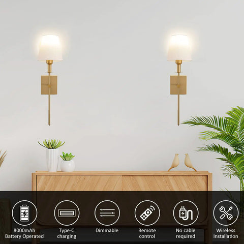 Wireless Battery Operated Wall Sconce Set Of 2 With Remote, 12 Color Dimmable LED Bulbs, showcased in a bedroom with decor.