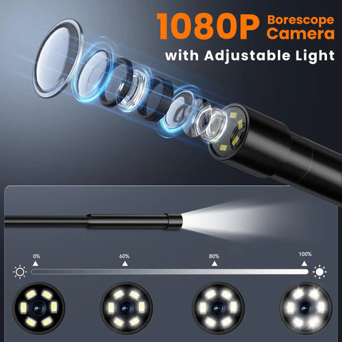 1080P Endoscope Camera With Light For Tight Spaces Pro Grade Industrial Borescope With Built In LED Illumination Clear Visuals For Engine Bays Drains And Wall Cavities Includes 32GB Card, 1080P borescope lens and adjustable LED light