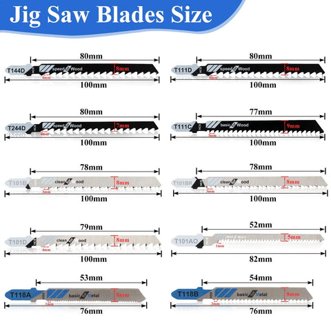 Jigsaw blades set, 10-piece T-shank blades for wood, metal and plastic cutting.