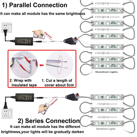 Illustration of wiring setup for Brighten Your Storefront With Waterproof 5050 SMD LED Window Light Strips Kit 40 Ft Total 80 Modules Ideal For Storefront Signage Lightbox Advertising Letter Signs And Weatherproof Display with parallel and series connections