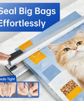 Rock Solid Impulse Heat Sealer With 20 Inch Wide Seal Bar sealing a large bag with cat food, showcasing easy operation.