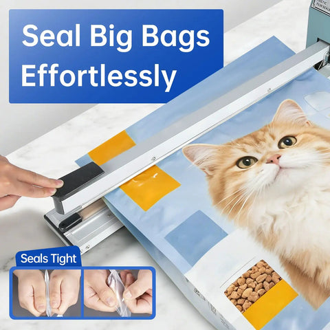 Rock Solid Impulse Heat Sealer With 20 Inch Wide Seal Bar sealing a large bag with cat food, showcasing easy operation.