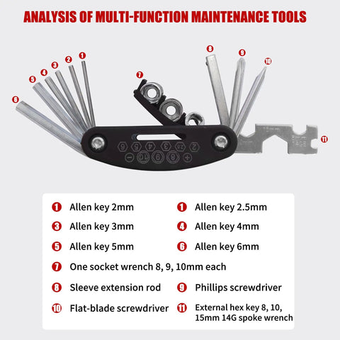 Multi tool with various hex keys and wrenches included in V Type Bike Brakes Set For MTB Front And Rear Calipers With Inner And Outer Cables
