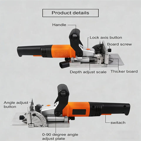Heavy Duty Electric Tenoning And Mortising Machine With Biscuit Jointer Slotting Tool For Cabinet And Furniture Work, features handle, depth adjust scale.