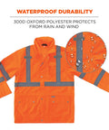 GloWear 8365 High Visibility Rain Jacket Orange XL With Reflective 3M Scotchlite, shown with waterproof 300D Oxford polyester material