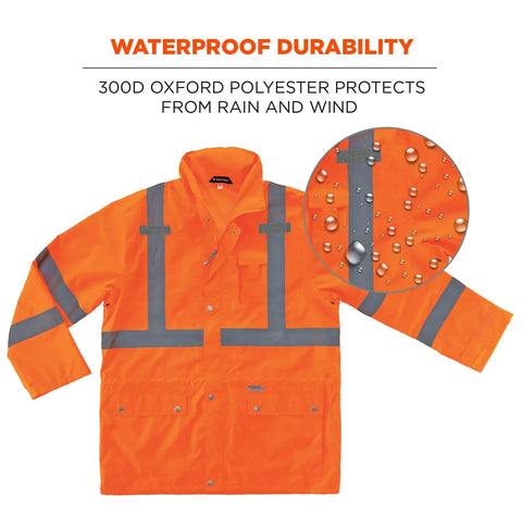 GloWear 8365 High Visibility Rain Jacket Orange XL With Reflective 3M Scotchlite, shown with waterproof 300D Oxford polyester material