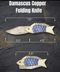 Custom Copper Damascus Fish Style Folding Knife With Ladder Pattern Blade Handmade EDC Ready Pocket Knife Brass Engraved