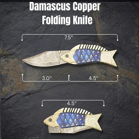 Custom Copper Damascus Fish Style Folding Knife With Ladder Pattern Blade Handmade EDC Ready Pocket Knife Brass Engraved