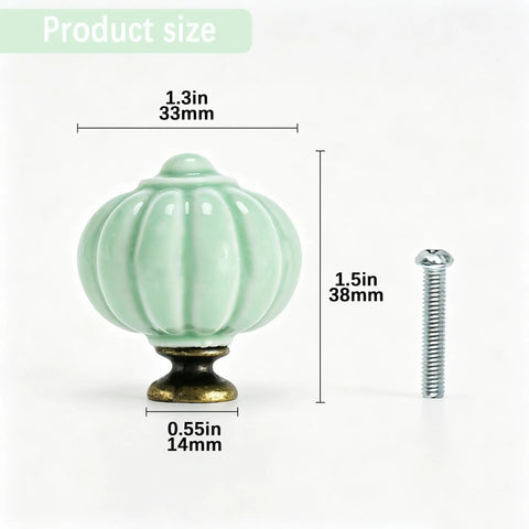 Fresh Vintage Light Green Ceramic Pumpkin Drawer Knobs And Cabinet Pulls With No Mess Installation For A Fast Furniture Glow Up That Brings Sweet Cozy Vibes To Your Kitchen And Pantry, showing size dimensions.