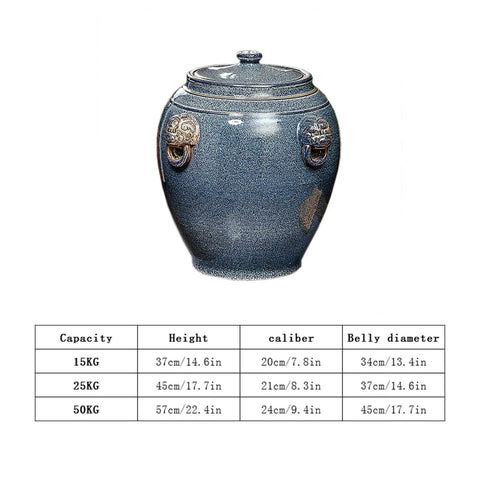 Blue And White Ceramic Rice Jar Keeps All Pantry Staples Crisp Naturally. Heavy Duty Porcelain Grain Dispenser, 50KG capacity.