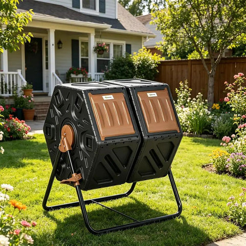 Dual Chamber Compost Tumbler For Backyard And Garden 360 Degree Rotating Design With 24 Aeration Vents 34.5 Gallon High Capacity Outdoor Bin