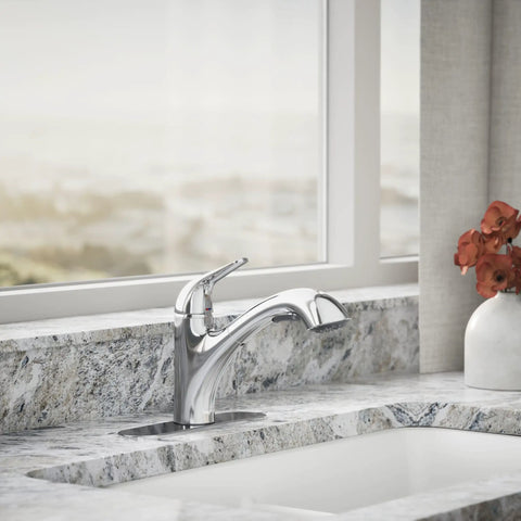 Jolt Pull-Out Kitchen Faucet With Two-Function Sprayhead, Touch Control, 1.5 GPM in chrome finish installed on deck-mounted sink