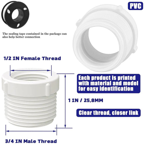 Bulk 10 Pcs PVC Pipe Fittings Set Male To Female Thread Reducer Bushings Three Quarters Inch To One Half Inch White display