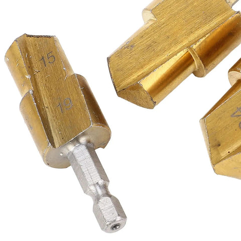 Kick Your PPR And PVC Projects Up A Notch With This High Carbon Steel Pipe Reamer Bit Set Featuring Three Heavy Duty Step Drill Bits In 19 24 And 31 Mm For Effortless Hole Expansion And Clean De Burring On All Your Home Improvement Jobs Today. 19 and 15 mm high carbon steel pipe reamer bits with hex shanks