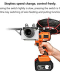 Professional Grade Cordless Electric Wire Threader With 800W Brushless Motor And Non Slip Rubberized Grip Designed For Straight Up Pro Job Sites held in hand with cables visible.