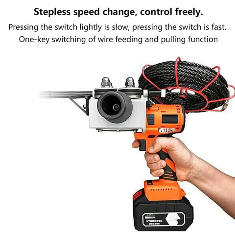Professional Grade Cordless Electric Wire Threader With 800W Brushless Motor And Non Slip Rubberized Grip Designed For Straight Up Pro Job Sites held in hand with cables visible.