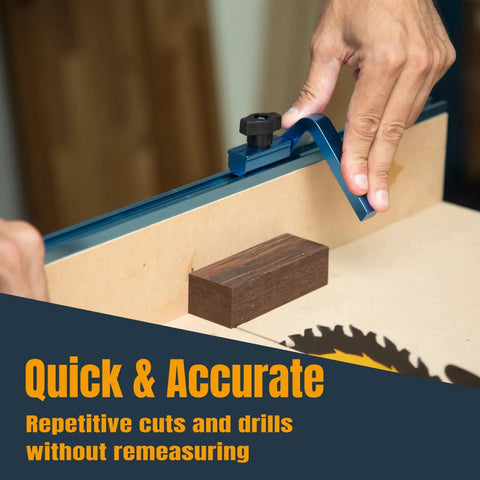 Using 3 Inch Fence Flip Stop For T Track Systems With One Quarter Inch Hex Bolt on table saw for repetitive cuts