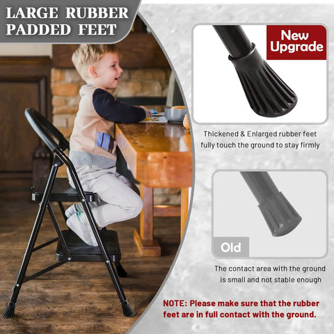 2 Step Folding Step Stool With Wide Anti Slip Pedal And Comfort Handgrip Lightweight Steel Ladder Portable For Home Easy Open Safety Fold Supports Up To 330 Pounds showing new rubber feet upgrade with child at table