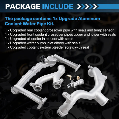 Top Shelf Upgraded Metal Cooling System Pipe Kit And Rear Coolant Water Heater Tube Keeps Your Rig Rolling Smooth For Lr4 Discovery Range Rover V6 Models package contents with updated pipes and seals.