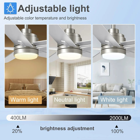Adjustable light settings on 52 Inch Brushed Nickel Ceiling Fan With Integrated Light And Remote for varying brightness.