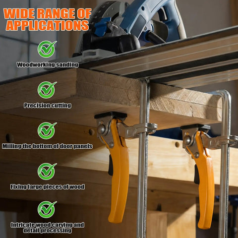 Four Pack Quick Release Ratcheting Table Clamps With Seven Inch Capacity And Two And Three Eighths Inch Throat Depth For MFT Track Saw And Guide Rail Systems Rotating Pressure Pad For Precise Woodworking Heavy Duty Durable Steel Build on MFT table