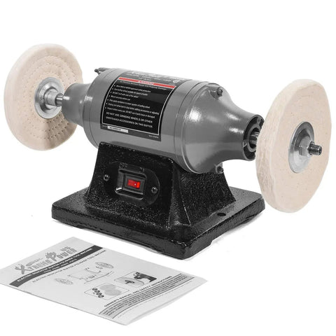 6 Inch Electric Polisher Benchtop Buffer Grinder With Dual Buffers And Half HP Motor For Metal And Plastic Polishing In Home Shop Or Garage Dope Performance And Stable Cast Iron Base showing two buffing wheels.