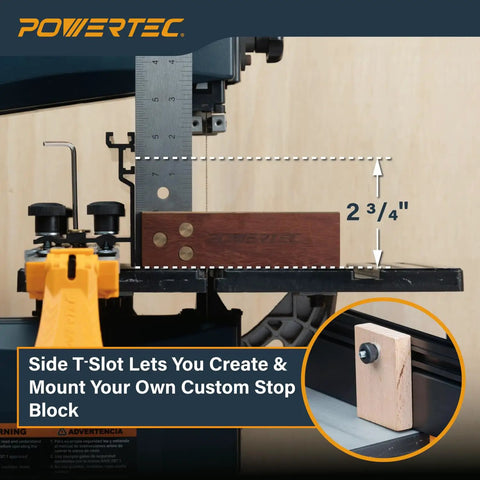 Universal 24 Inch Straight Edge Clamp And 16 Inch By Three And A Half Inch Band Saw Fence For Bandsaw Tables And Drill Presses Pro Grade Workhorse Resaw Fence System With Tall Three And A Half Inch Fence For Precise Repeatable Woodworking showing a mounted fence and ruler for measurement