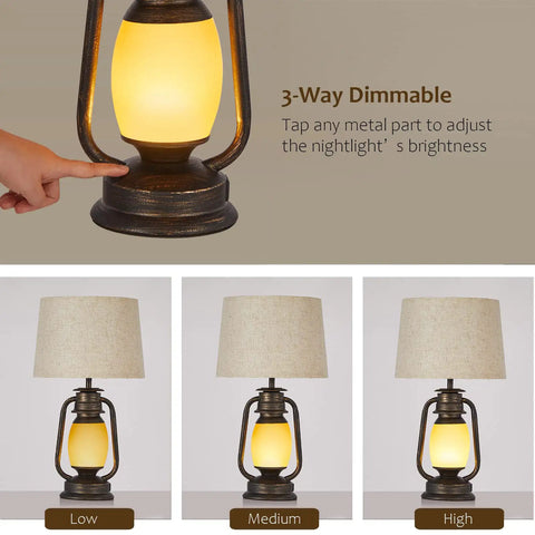 Lantern Table Lamps Set Of 2 With Dimmable Night Light And USB Port Rustic Oil Rubbed Bronze Finish Farmhouse Decor For Living Room Bedroom And Nightstand End Table 3 Way Touch Control, showing dimmable settings