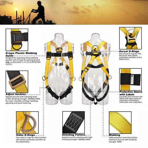 3D Ring Industrial Fall Protection Safety Harness ANSI Z359.11 2021 Compliant Full Body PPE depicted with adjustment points.