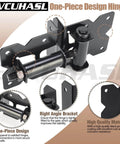 Heavy Duty Gate Hinges For Vinyl And Wooden Fence Gates Self Closing With 90 Degree Adjustable Operation And Included Swing Adjuster Tool And Self Tapping Screws Hardware Kit Four Pack Black Powder Coated Finish, black one-piece design hinge on display with right angle brackets and powder coating details.