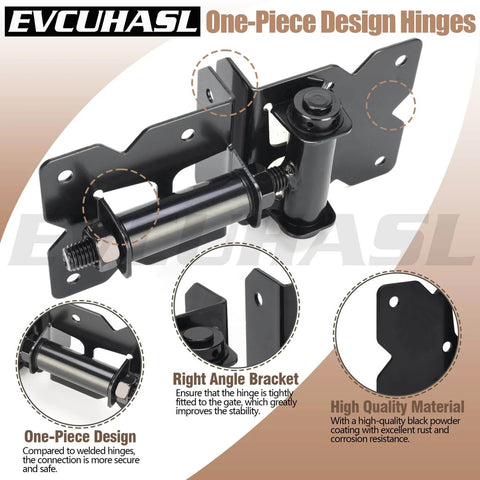 Heavy Duty Gate Hinges For Vinyl And Wooden Fence Gates Self Closing With 90 Degree Adjustable Operation And Included Swing Adjuster Tool And Self Tapping Screws Hardware Kit Four Pack Black Powder Coated Finish, black one-piece design hinge on display with right angle brackets and powder coating details.
