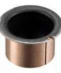 Flanged Sleeve Bearing Set 25mm Bore 28mm OD 20mm Length 35mm Flange Dia 1.5mm Flange Thickness Oilless Bronze Sintered Coated Bushings Dual Pack Carbon Steel Base Low Friction Maintenance Free High Load Capacity, angled view