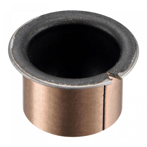 Flanged Sleeve Bearing Set 25mm Bore 28mm OD 20mm Length 35mm Flange Dia 1.5mm Flange Thickness Oilless Bronze Sintered Coated Bushings Dual Pack Carbon Steel Base Low Friction Maintenance Free High Load Capacity, angled view