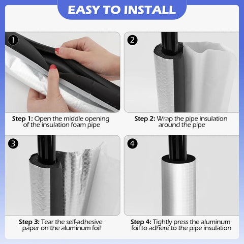 Image illustrating installation steps for Ten Pack Self-Adhesive Pipe Insulation Sleeve With Pre-Slit Foam And Aluminum Foil Cover For Winter Use.