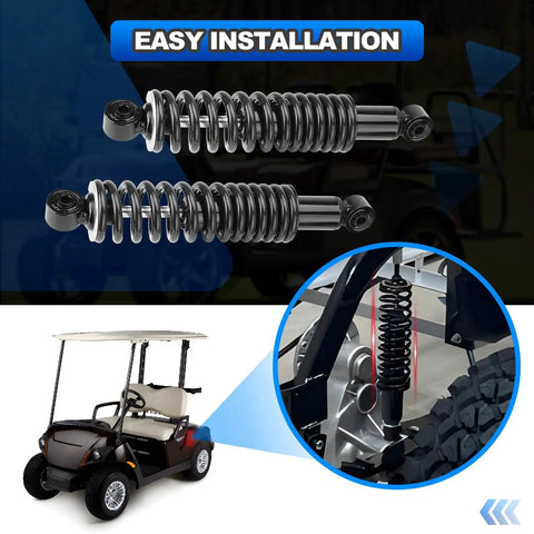 Rear Golf Cart Shock Absorbers Heavy Duty With Steel Springs And Matte Black End Links Solid Replacement Suspension Kit For Yamaha G16 G19 G22 G29 Gas Whips Ready To Roll, showcasing easy installation and design.