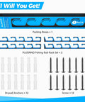 Packaging contents of H5 Horizontal Fishing Rod And Pole Holder for Garage, Wall or Ceiling Mounts, includes racks, anchors, screws.