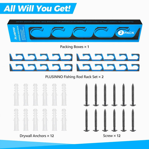 Packaging contents of H5 Horizontal Fishing Rod And Pole Holder for Garage, Wall or Ceiling Mounts, includes racks, anchors, screws.