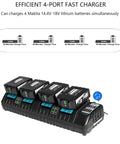 Four Port Battery Charger Station for 14.4V to 18V Lithium Tool Batteries With Two USB A Ports Rapid Simultaneous Charging