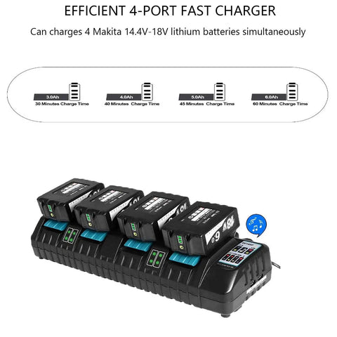 Four Port Battery Charger Station for 14.4V to 18V Lithium Tool Batteries With Two USB A Ports Rapid Simultaneous Charging