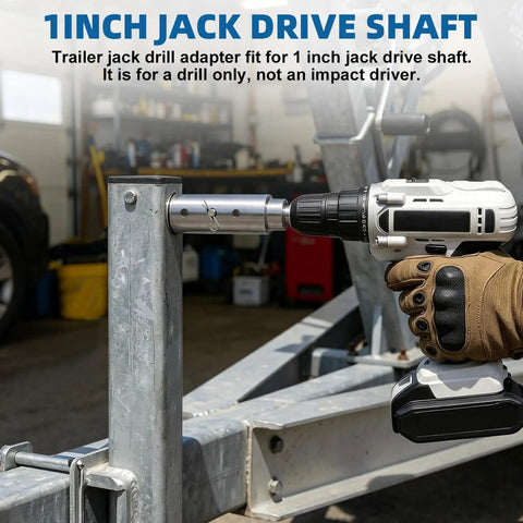 Beefed Up Stainless Steel Trailer Jack Drill Adapter Kit With One Inch Drive Shaft And One Half Inch Socket Dual Power Or Manual EZ Crank Tool For RVs Campers Construction Jobs Dump Trucks shown in use
