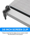 Close-up of 3/8 inch screen clip securing a window screen, solid diecast material, ideal for storm windows and sliding glass doors.