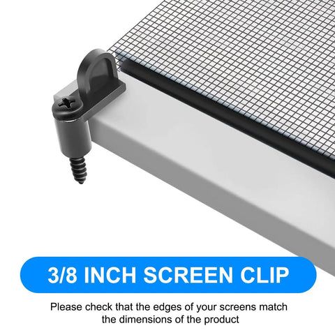 Close-up of 3/8 inch screen clip securing a window screen, solid diecast material, ideal for storm windows and sliding glass doors.