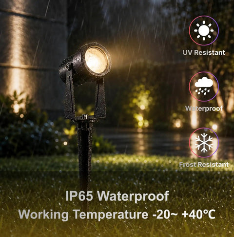 Landscape Spotlights With Sensor And 5 Lighting Modes, IP65 Waterproof in rain, highlighting durability and outdoor use