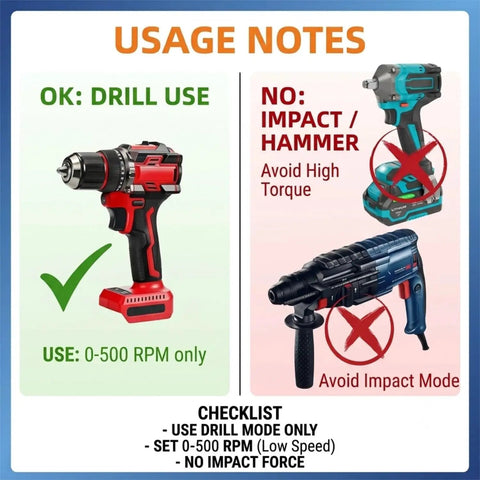 Usage instructions for Heavy Duty Trailer Jack Drill Adapter Kit showing approved and disapproved drill types.
