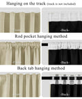Black and beige curtains in different hanging methods: track, rod pocket, and back tab. Front and back views shown.