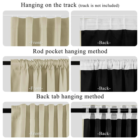 Black and beige curtains in different hanging methods: track, rod pocket, and back tab. Front and back views shown.